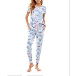 Roudelain Scoop Neck T-Shirt & Jogger Pants Pajama Set Tie Dye White LG#EZJE053M